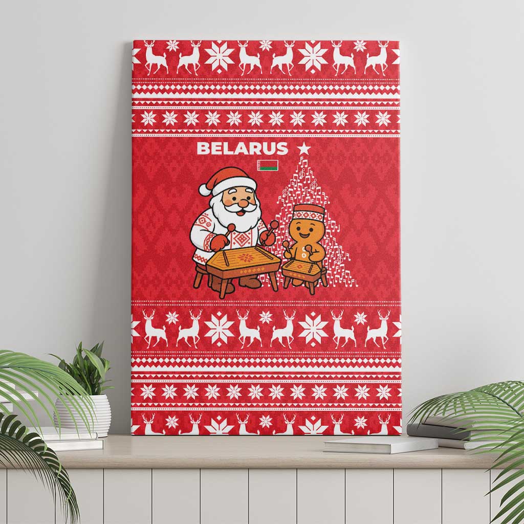 Belarus Christmas Canvas Wall Art with Santa Gingerbread Playing Chess National Emblem and Nordic Pattern Design - Wonder Print Shop