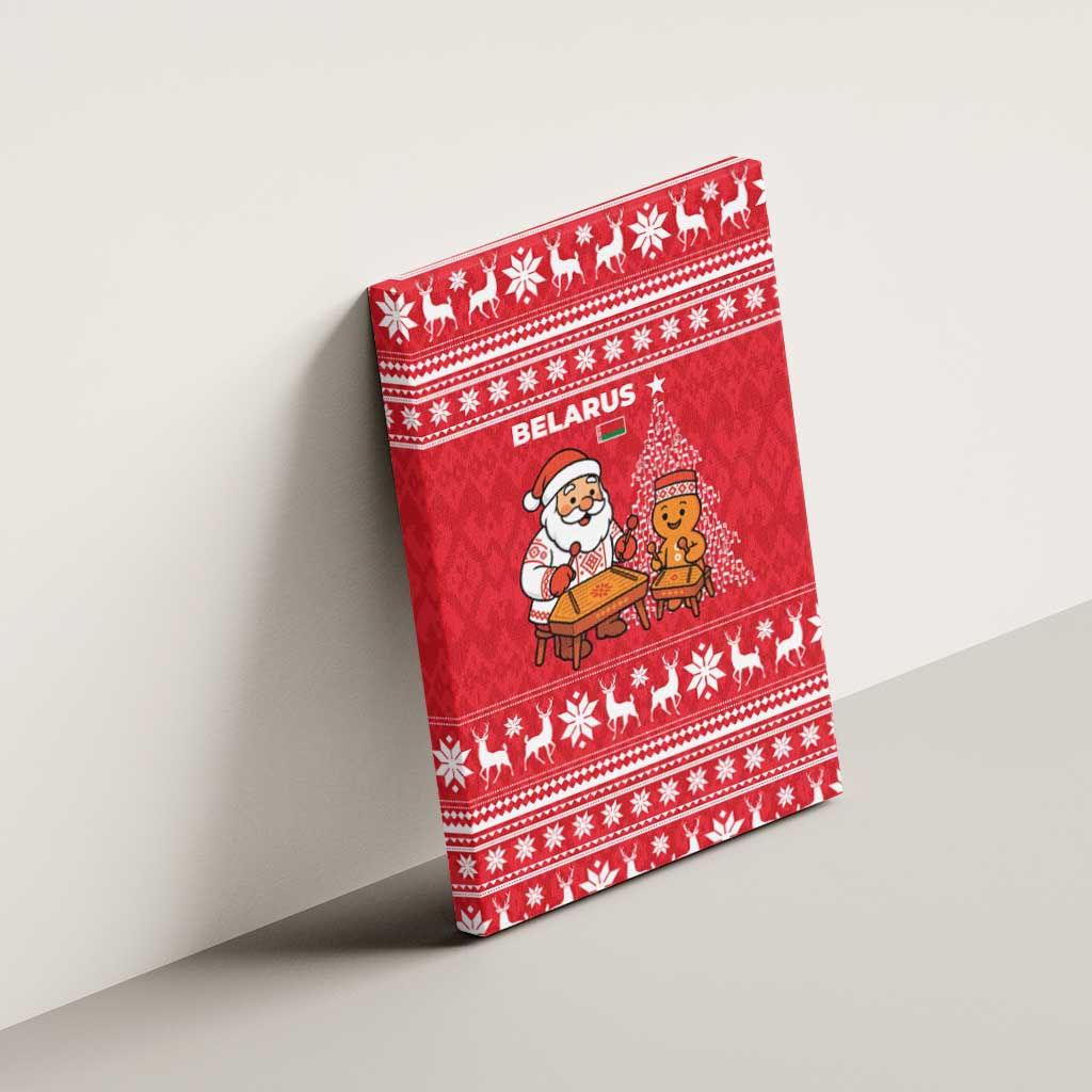 Belarus Christmas Canvas Wall Art with Santa Gingerbread Playing Chess National Emblem and Nordic Pattern Design - Wonder Print Shop