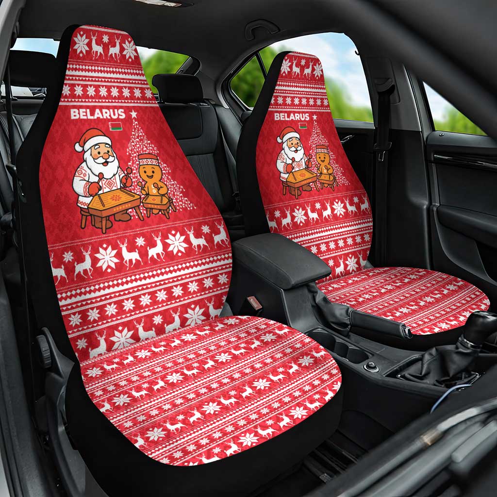 Belarus Christmas Car Seat Cover with Santa Gingerbread Playing Chess National Emblem and Nordic Pattern Design - Wonder Print Shop
