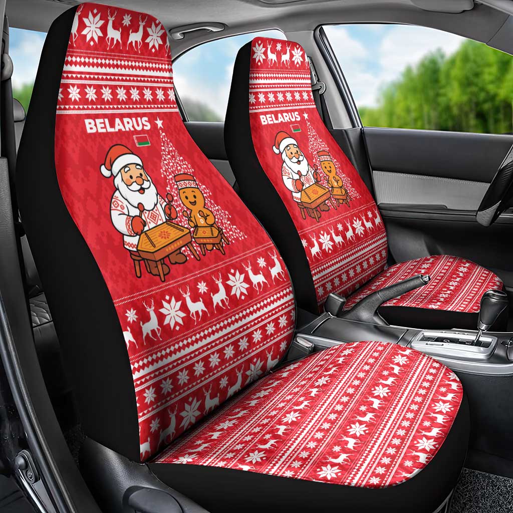 Belarus Christmas Car Seat Cover with Santa Gingerbread Playing Chess National Emblem and Nordic Pattern Design - Wonder Print Shop