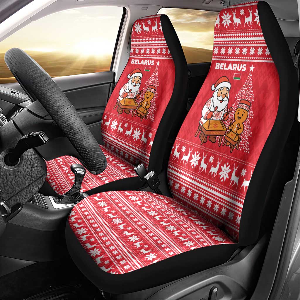 Belarus Christmas Car Seat Cover with Santa Gingerbread Playing Chess National Emblem and Nordic Pattern Design - Wonder Print Shop
