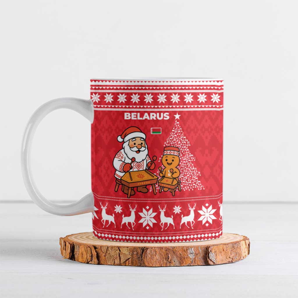Belarus Christmas Ceramic Mug with Santa Gingerbread Playing Chess National Emblem and Nordic Pattern Design - Wonder Print Shop