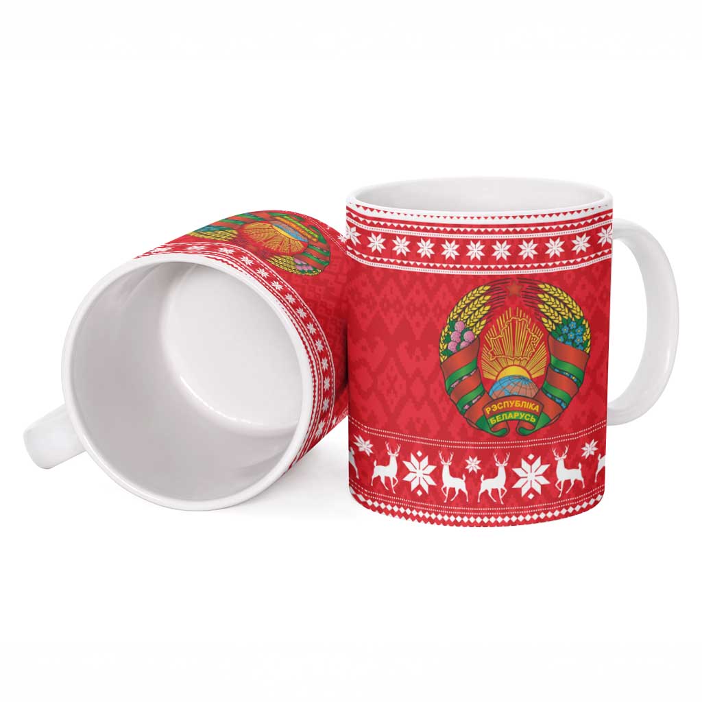 Belarus Christmas Ceramic Mug with Santa Gingerbread Playing Chess National Emblem and Nordic Pattern Design - Wonder Print Shop