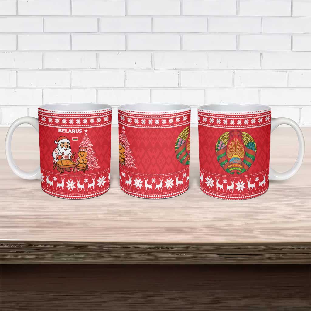 Belarus Christmas Ceramic Mug with Santa Gingerbread Playing Chess National Emblem and Nordic Pattern Design - Wonder Print Shop