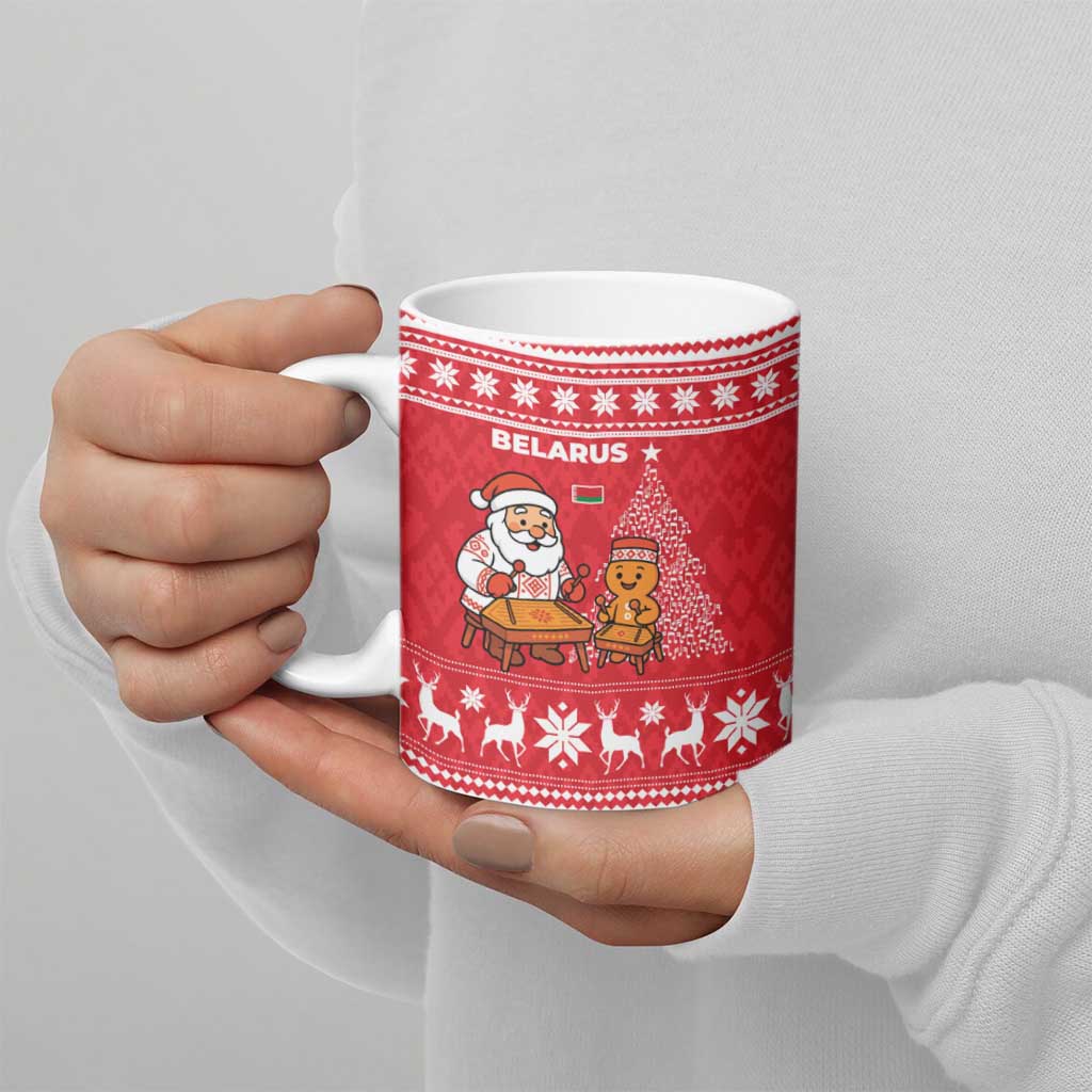 Belarus Christmas Ceramic Mug with Santa Gingerbread Playing Chess National Emblem and Nordic Pattern Design - Wonder Print Shop