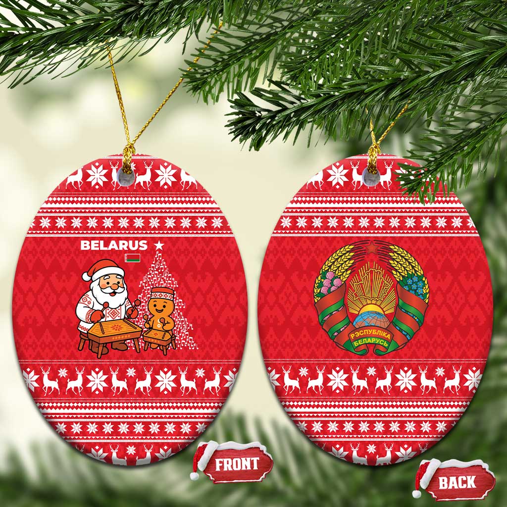 Belarus Christmas Ceramic Ornament with Santa Gingerbread Playing Chess National Emblem and Nordic Pattern Design - Wonder Print Shop