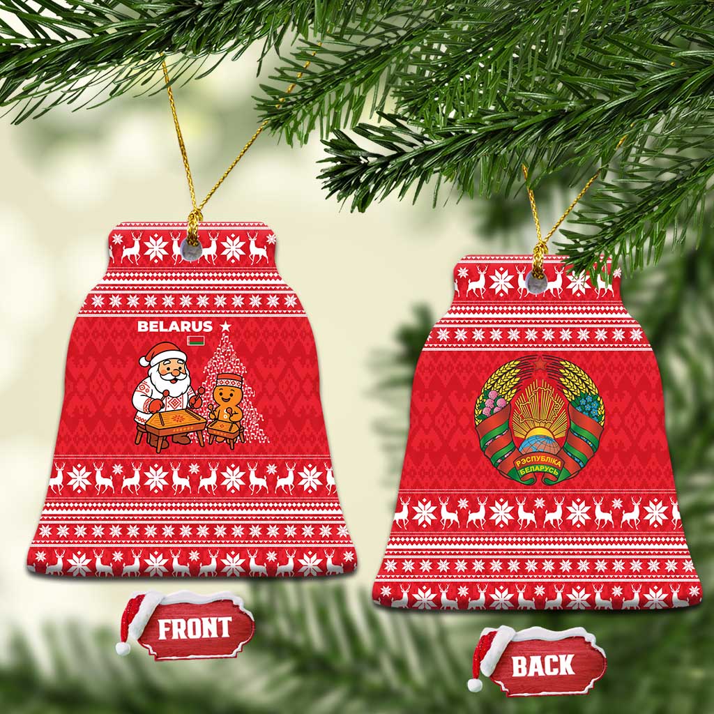 Belarus Christmas Ceramic Ornament with Santa Gingerbread Playing Chess National Emblem and Nordic Pattern Design - Wonder Print Shop