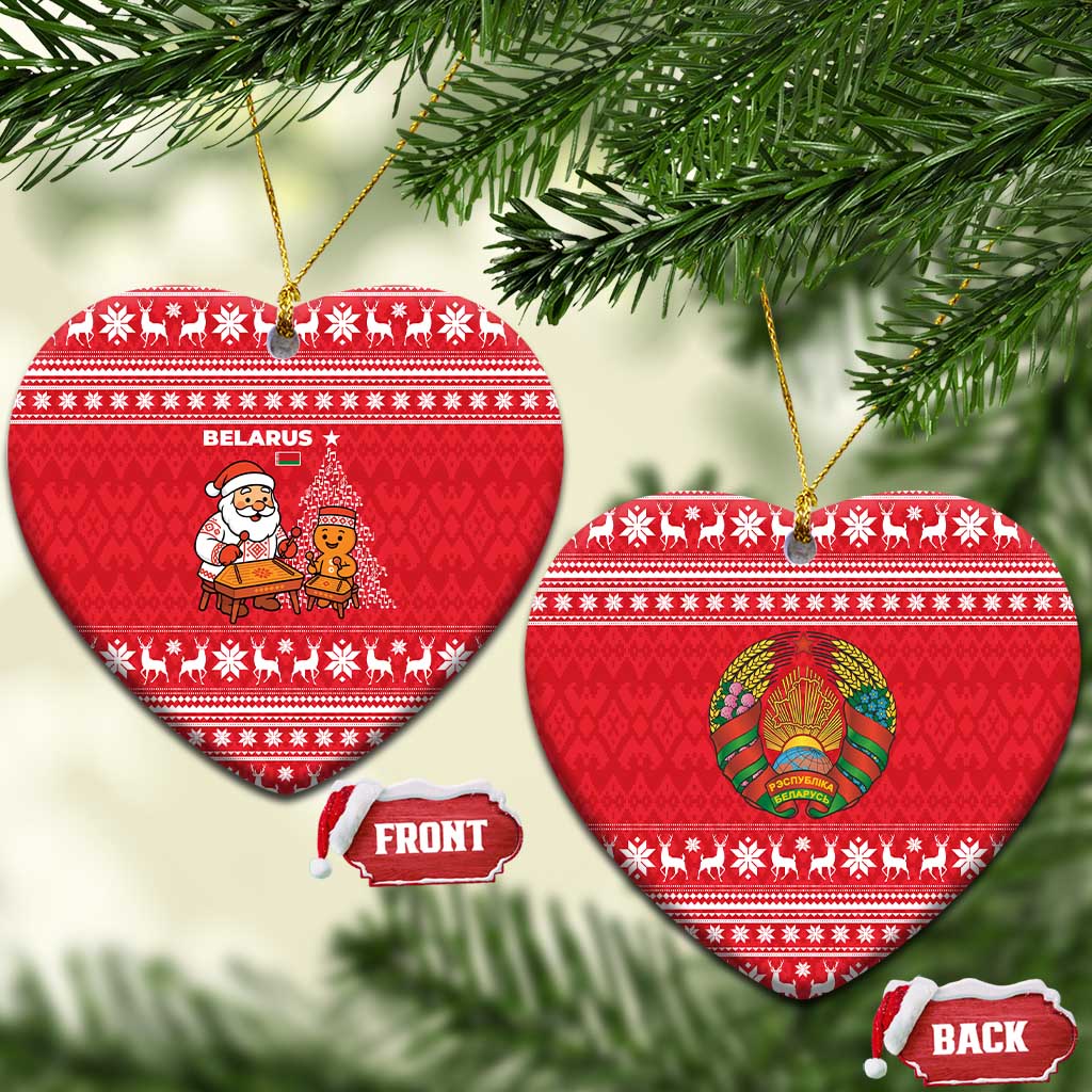 Belarus Christmas Ceramic Ornament with Santa Gingerbread Playing Chess National Emblem and Nordic Pattern Design - Wonder Print Shop