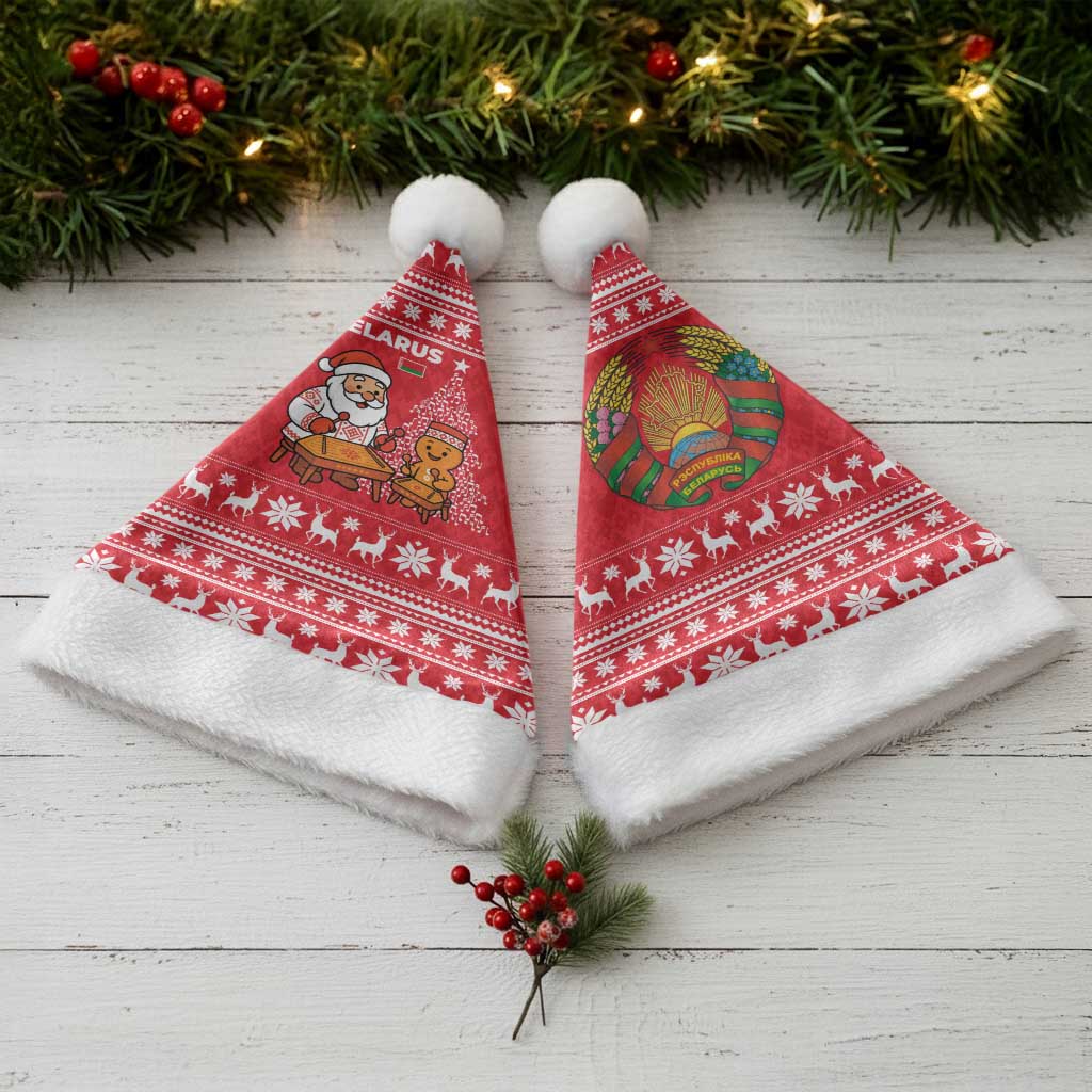 Belarus Christmas Santa Hat with Santa Gingerbread Playing Chess National Emblem and Nordic Pattern Design - Wonder Print Shop