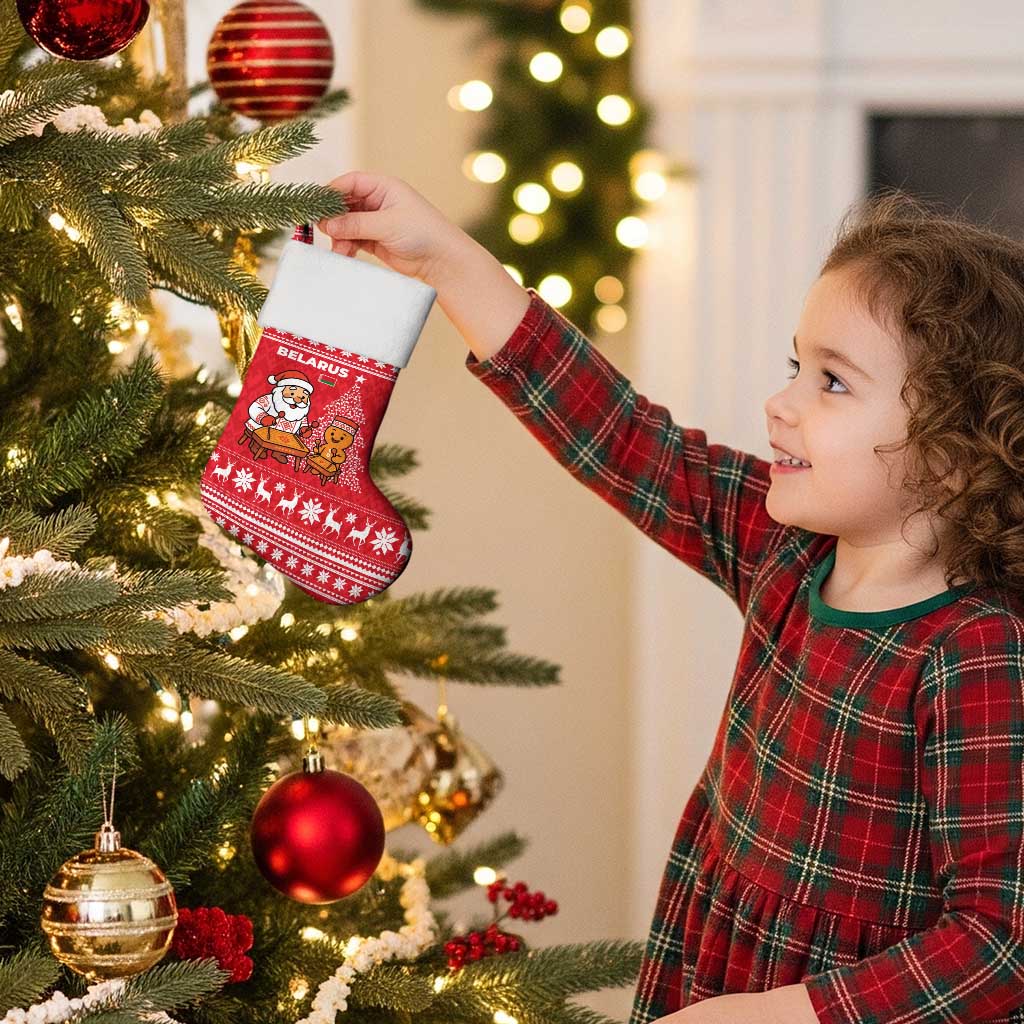 Belarus Christmas Stocking with Santa Gingerbread Playing Chess National Emblem and Nordic Pattern Design - Wonder Print Shop