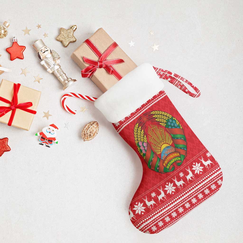 Belarus Christmas Stocking with Santa Gingerbread Playing Chess National Emblem and Nordic Pattern Design - Wonder Print Shop