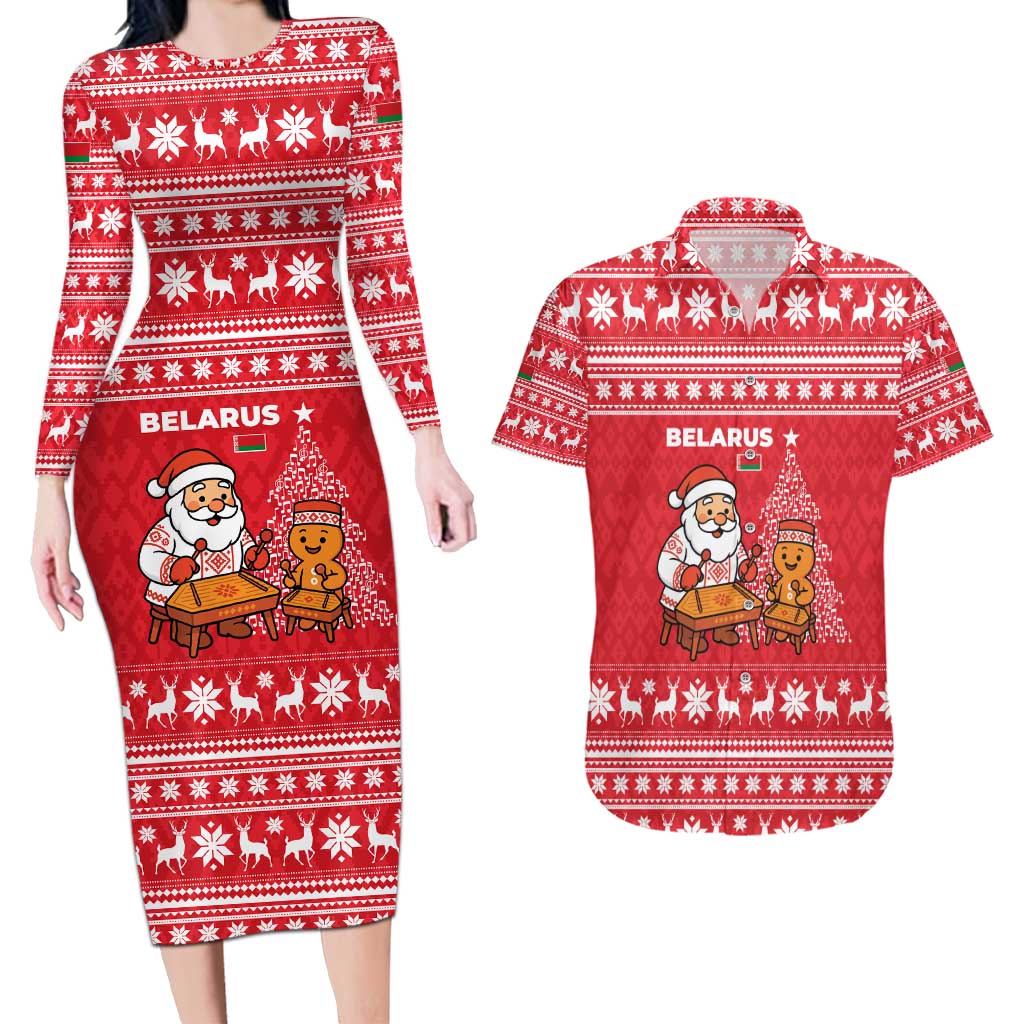 Belarus Christmas Couples Matching Long Sleeve Bodycon Dress and Hawaiian Shirt with Santa Gingerbread Playing Chess National Emblem and Nordic Pattern Design - Wonder Print Shop