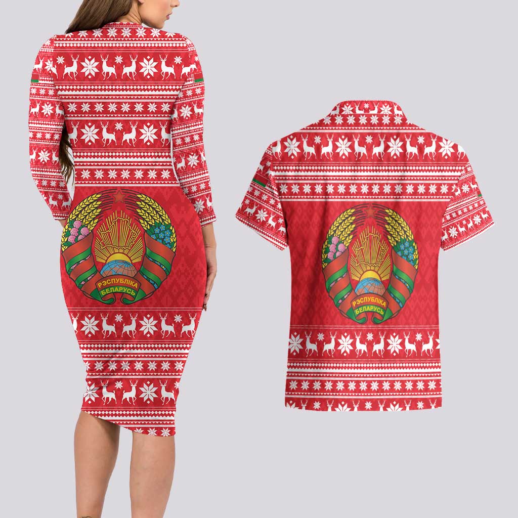 Belarus Christmas Couples Matching Long Sleeve Bodycon Dress and Hawaiian Shirt with Santa Gingerbread Playing Chess National Emblem and Nordic Pattern Design - Wonder Print Shop