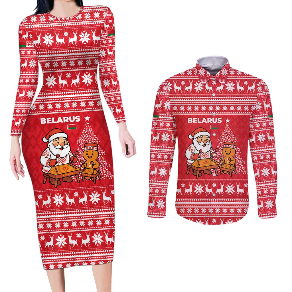 Belarus Christmas Couples Matching Long Sleeve Bodycon Dress and Long Sleeve Button Shirt with Santa Gingerbread Playing Chess National Emblem and Nordic Pattern Design - Wonder Print Shop