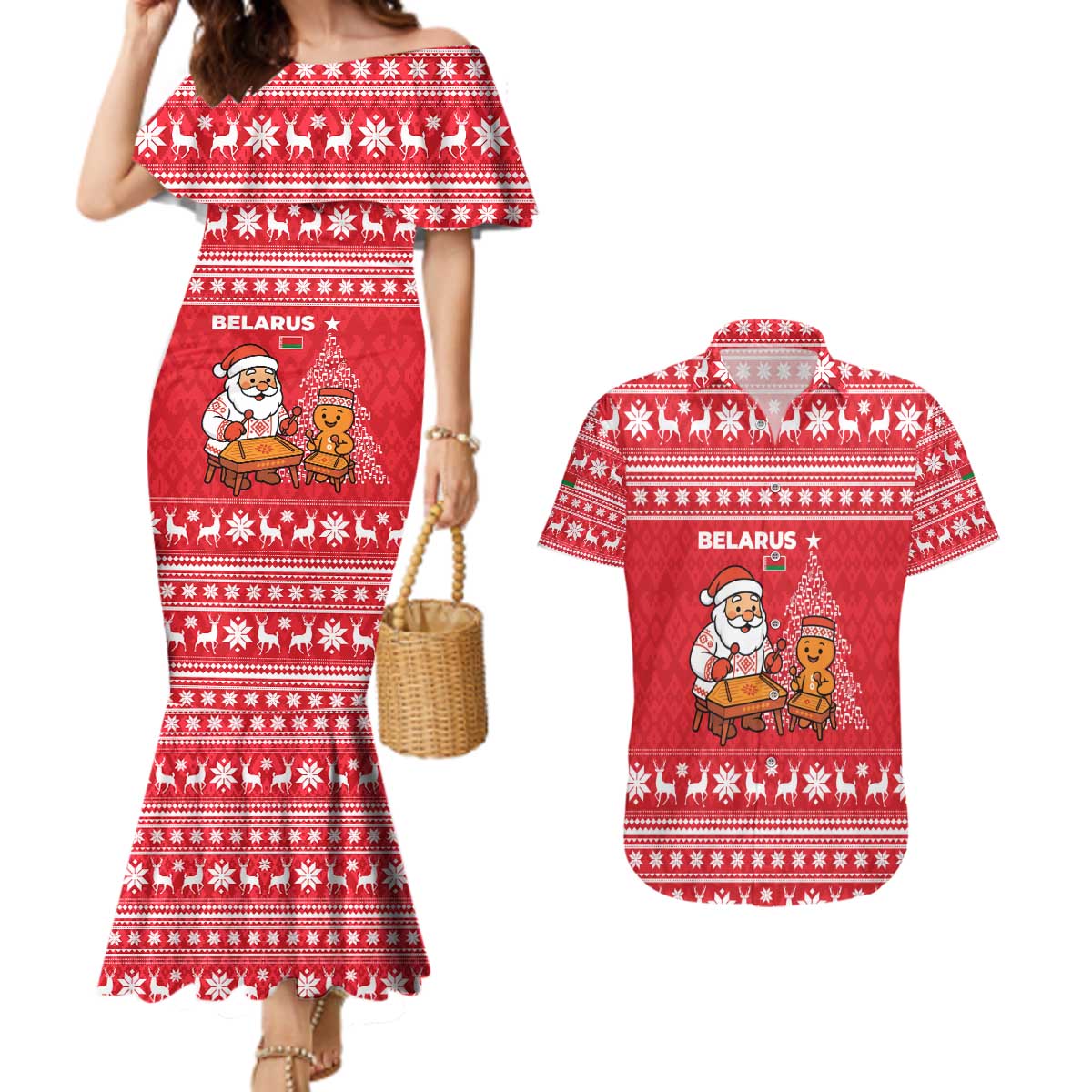 Belarus Christmas Couples Matching Mermaid Dress and Hawaiian Shirt with Santa Gingerbread Playing Chess National Emblem and Nordic Pattern Design - Wonder Print Shop