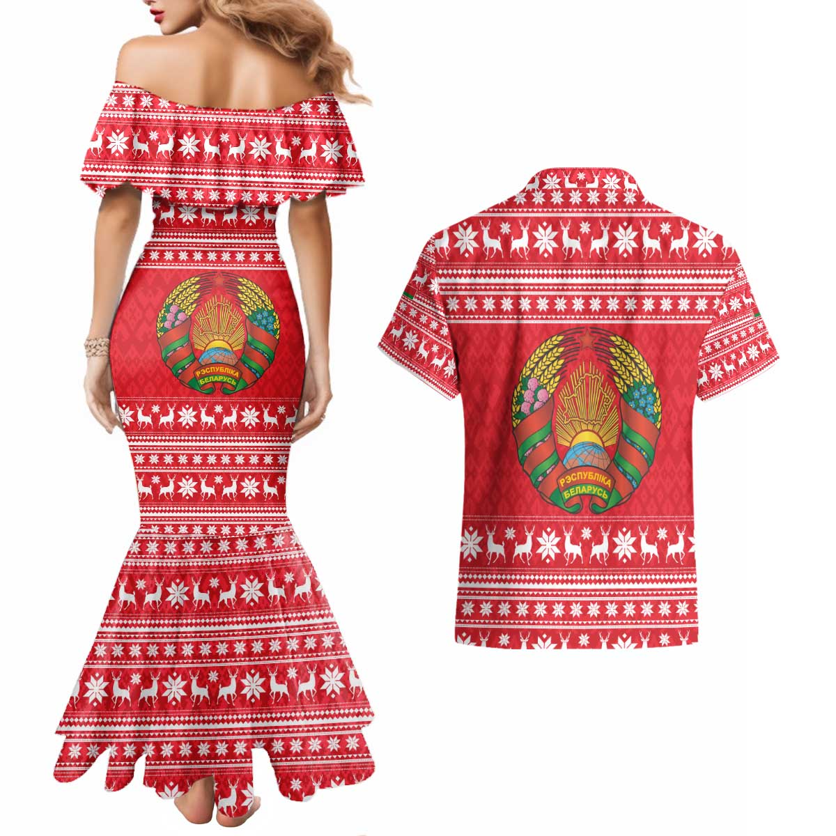 Belarus Christmas Couples Matching Mermaid Dress and Hawaiian Shirt with Santa Gingerbread Playing Chess National Emblem and Nordic Pattern Design - Wonder Print Shop