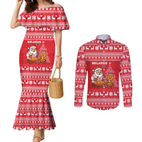 Belarus Christmas Couples Matching Mermaid Dress and Long Sleeve Button Shirt with Santa Gingerbread Playing Chess National Emblem and Nordic Pattern Design - Wonder Print Shop