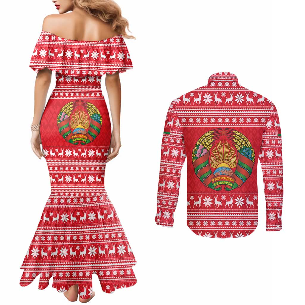 Belarus Christmas Couples Matching Mermaid Dress and Long Sleeve Button Shirt with Santa Gingerbread Playing Chess National Emblem and Nordic Pattern Design - Wonder Print Shop