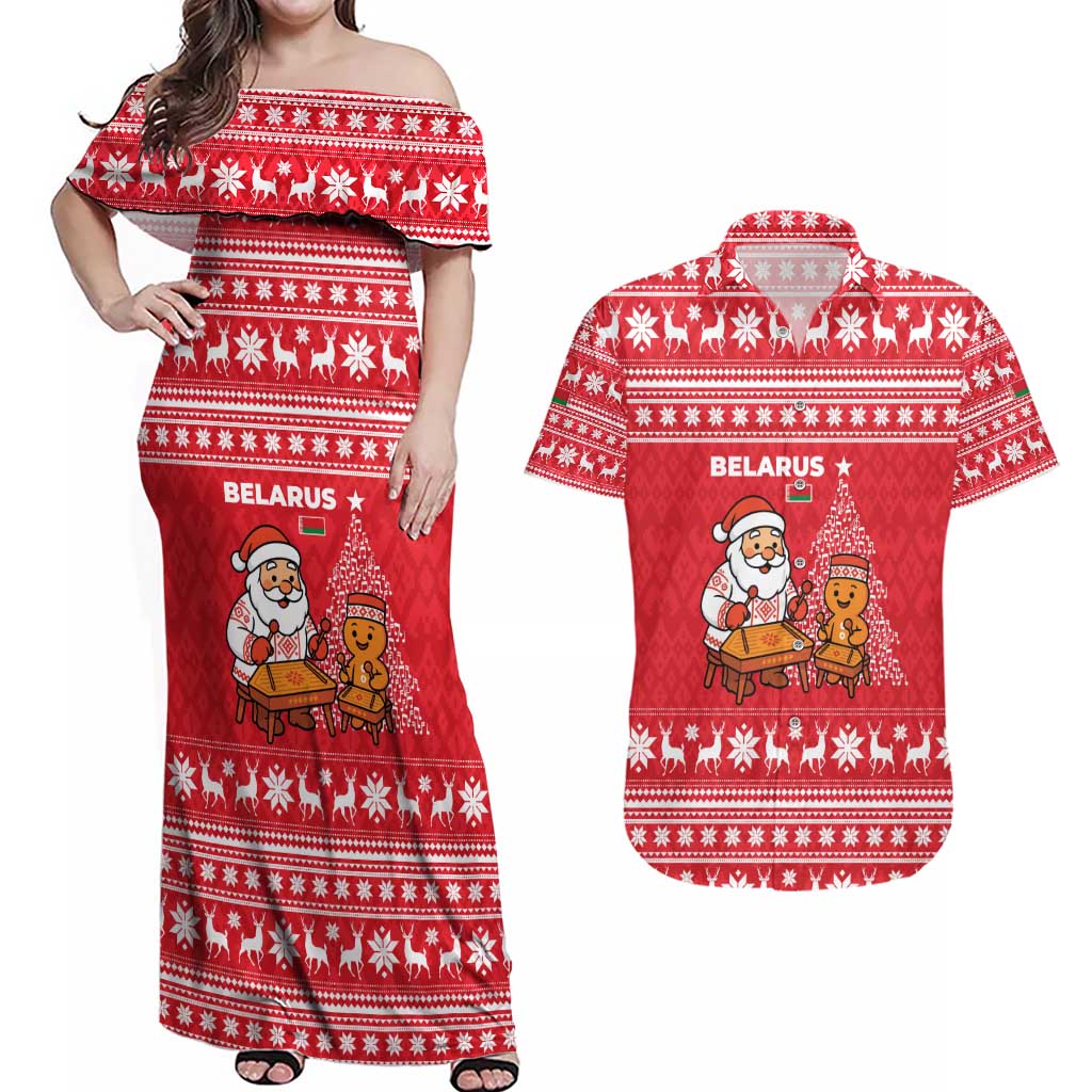 Belarus Christmas Couples Matching Off Shoulder Maxi Dress and Hawaiian Shirt with Santa Gingerbread Playing Chess National Emblem and Nordic Pattern Design - Wonder Print Shop