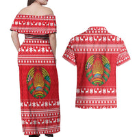 Belarus Christmas Couples Matching Off Shoulder Maxi Dress and Hawaiian Shirt with Santa Gingerbread Playing Chess National Emblem and Nordic Pattern Design - Wonder Print Shop