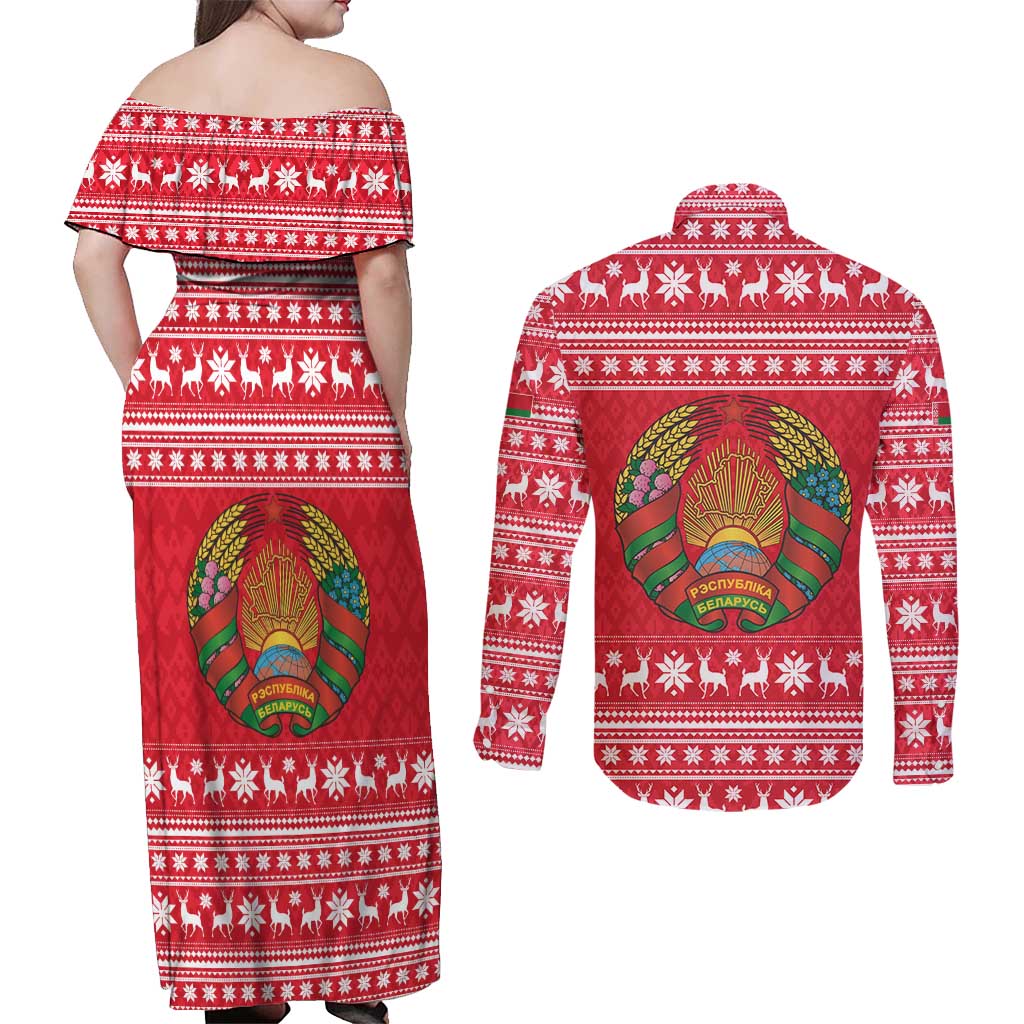 Belarus Christmas Couples Matching Off Shoulder Maxi Dress and Long Sleeve Button Shirt with Santa Gingerbread Playing Chess National Emblem and Nordic Pattern Design - Wonder Print Shop