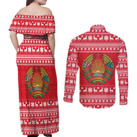 Belarus Christmas Couples Matching Off Shoulder Maxi Dress and Long Sleeve Button Shirt with Santa Gingerbread Playing Chess National Emblem and Nordic Pattern Design - Wonder Print Shop