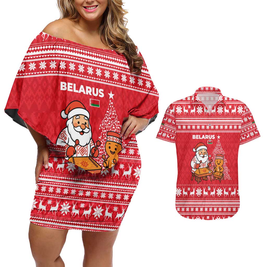 Belarus Christmas Couples Matching Off Shoulder Short Dress and Hawaiian Shirt with Santa Gingerbread Playing Chess National Emblem and Nordic Pattern Design - Wonder Print Shop