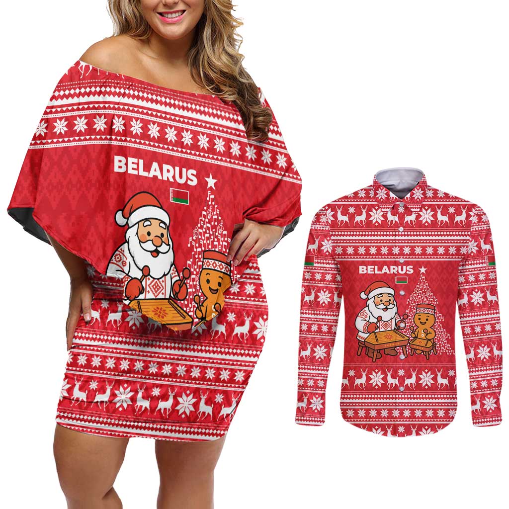 Belarus Christmas Couples Matching Off Shoulder Short Dress and Long Sleeve Button Shirt with Santa Gingerbread Playing Chess National Emblem and Nordic Pattern Design - Wonder Print Shop