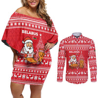 Belarus Christmas Couples Matching Off Shoulder Short Dress and Long Sleeve Button Shirt with Santa Gingerbread Playing Chess National Emblem and Nordic Pattern Design - Wonder Print Shop