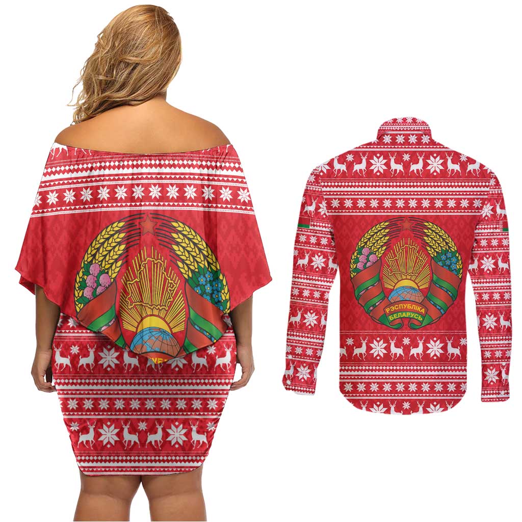 Belarus Christmas Couples Matching Off Shoulder Short Dress and Long Sleeve Button Shirt with Santa Gingerbread Playing Chess National Emblem and Nordic Pattern Design - Wonder Print Shop