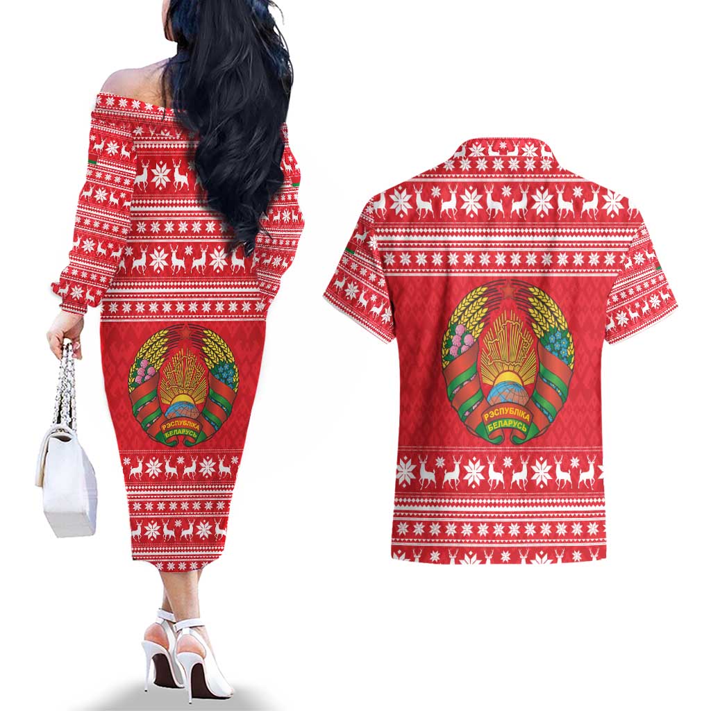 Belarus Christmas Couples Matching Off The Shoulder Long Sleeve Dress and Hawaiian Shirt with Santa Gingerbread Playing Chess National Emblem and Nordic Pattern Design - Wonder Print Shop