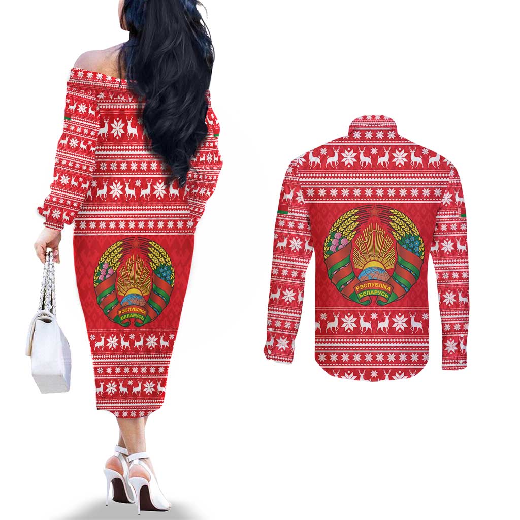 Belarus Christmas Couples Matching Off The Shoulder Long Sleeve Dress and Long Sleeve Button Shirt with Santa Gingerbread Playing Chess National Emblem and Nordic Pattern Design - Wonder Print Shop