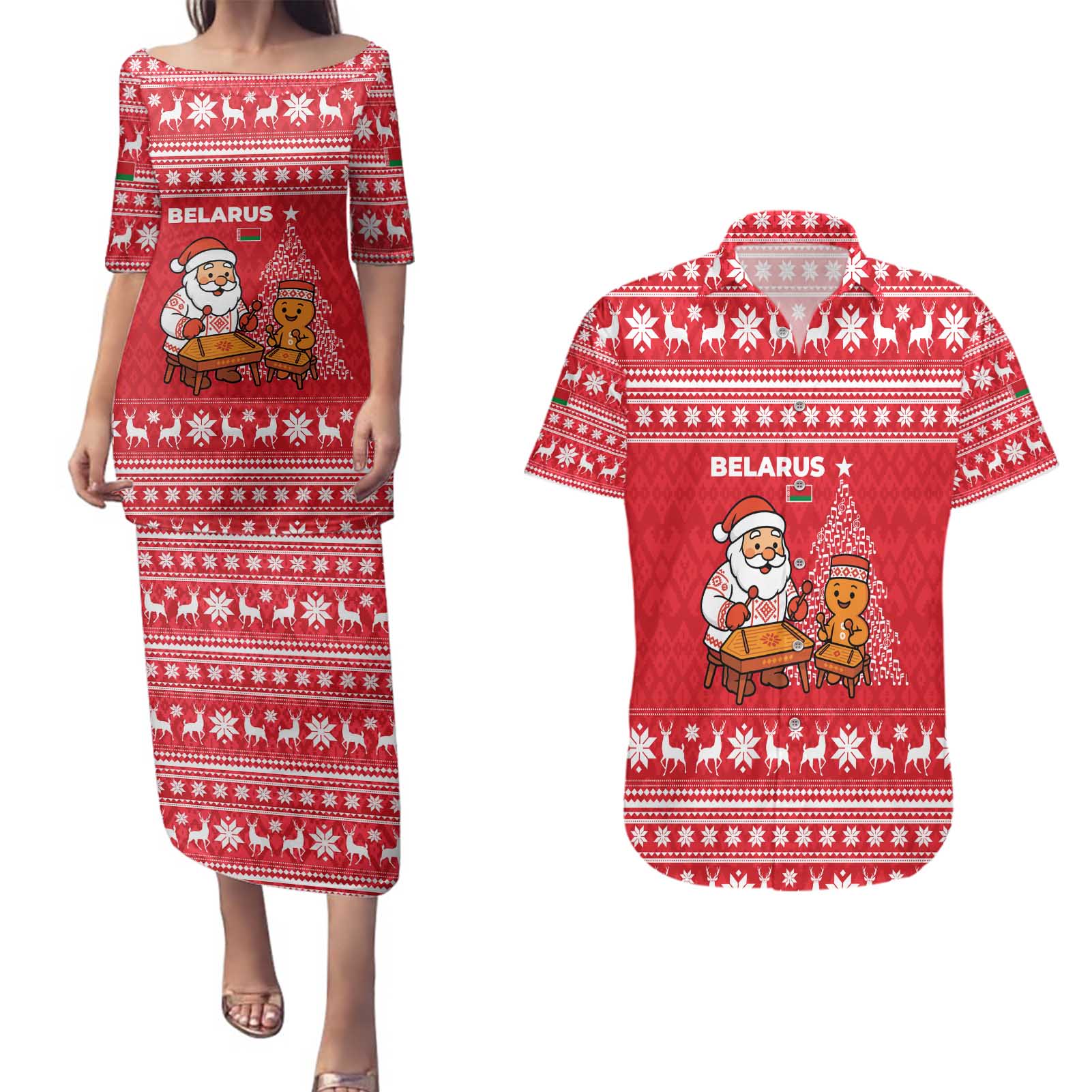 Belarus Christmas Couples Matching Puletasi and Hawaiian Shirt with Santa Gingerbread Playing Chess National Emblem and Nordic Pattern Design - Wonder Print Shop