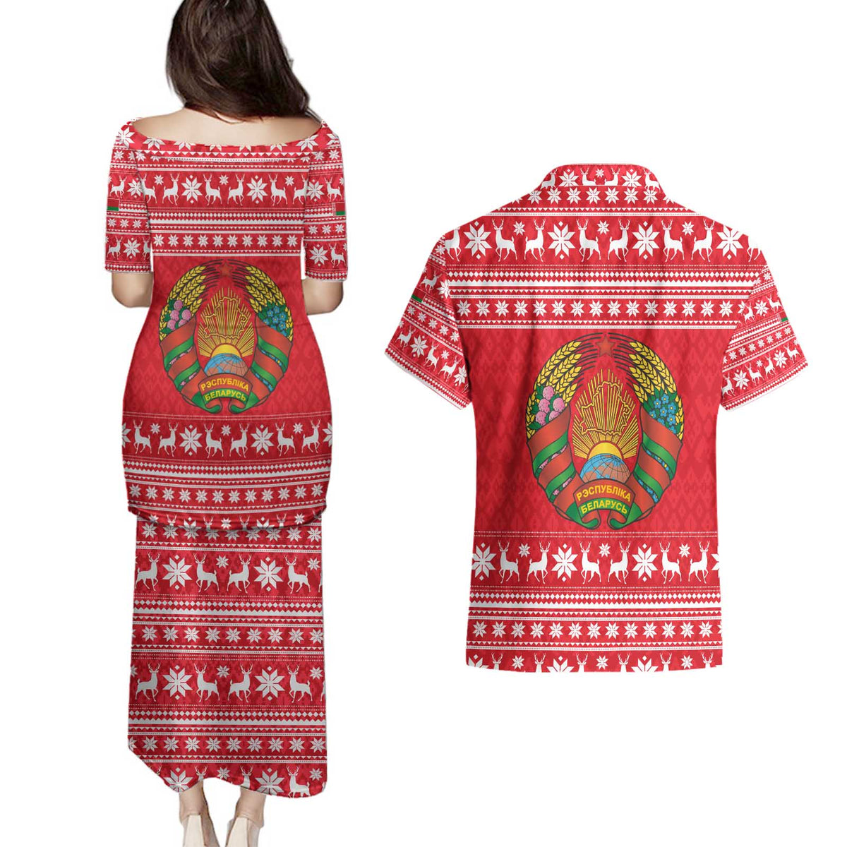 Belarus Christmas Couples Matching Puletasi and Hawaiian Shirt with Santa Gingerbread Playing Chess National Emblem and Nordic Pattern Design - Wonder Print Shop