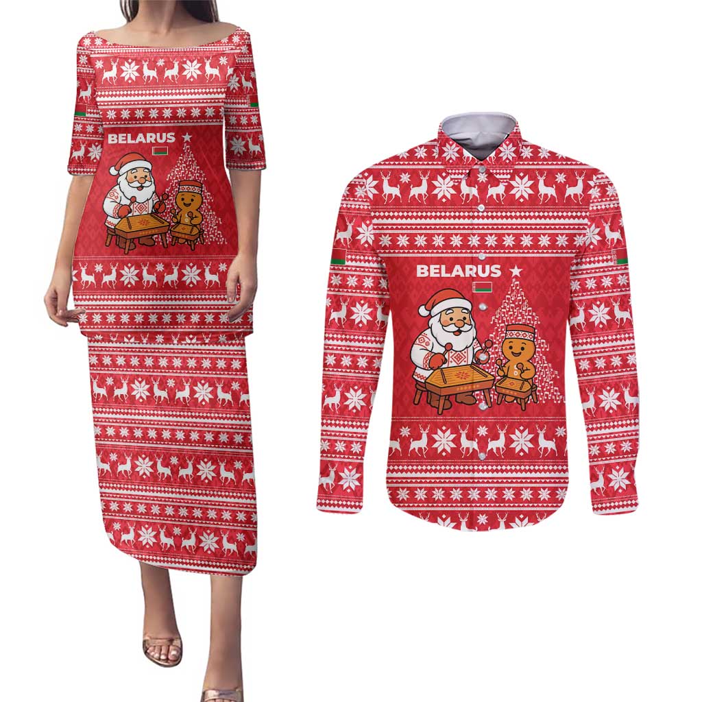 Belarus Christmas Couples Matching Puletasi and Long Sleeve Button Shirt with Santa Gingerbread Playing Chess National Emblem and Nordic Pattern Design - Wonder Print Shop
