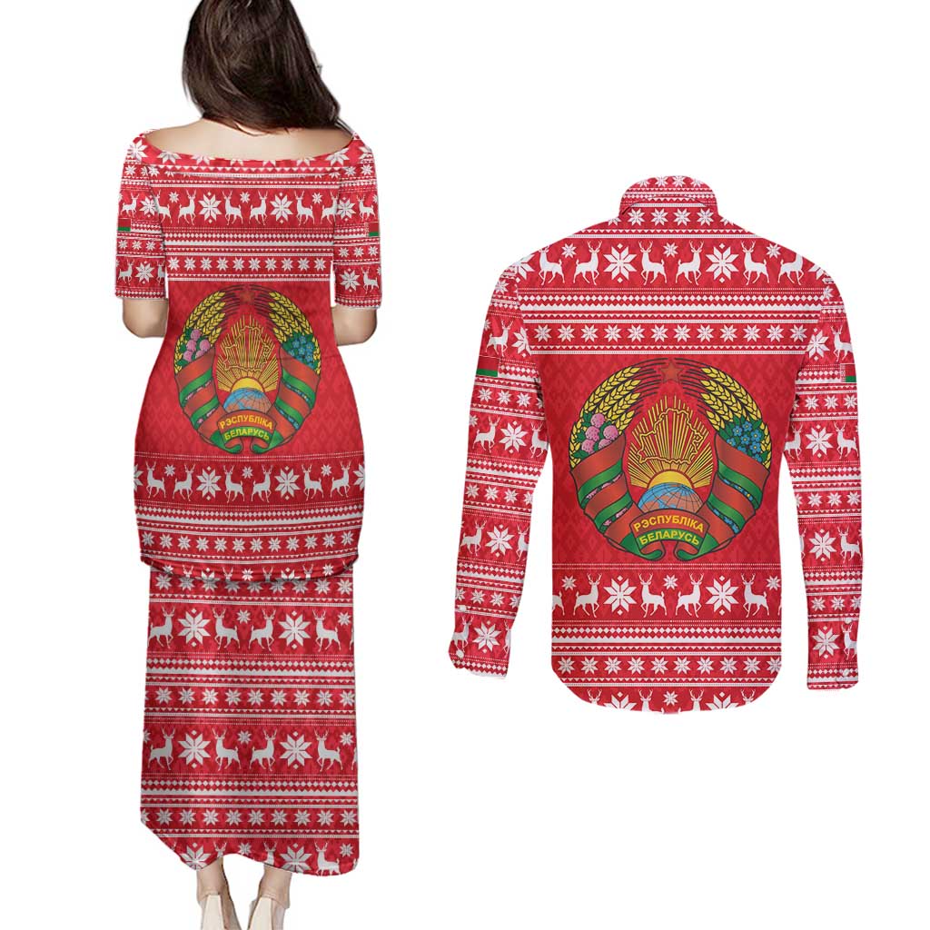 Belarus Christmas Couples Matching Puletasi and Long Sleeve Button Shirt with Santa Gingerbread Playing Chess National Emblem and Nordic Pattern Design - Wonder Print Shop