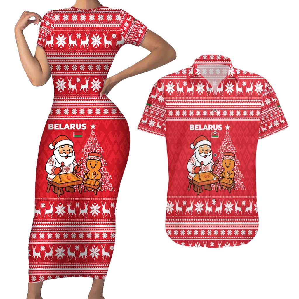Belarus Christmas Couples Matching Short Sleeve Bodycon Dress and Hawaiian Shirt with Santa Gingerbread Playing Chess National Emblem and Nordic Pattern Design - Wonder Print Shop