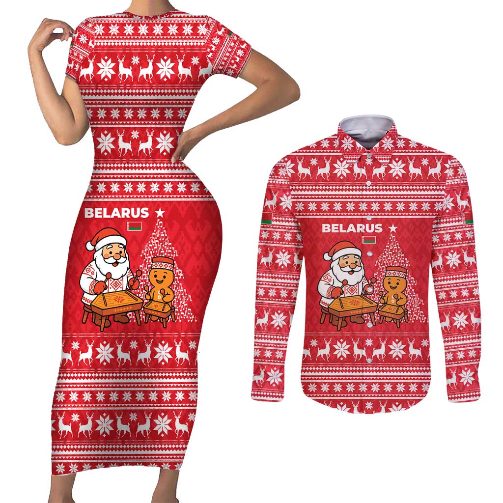 Belarus Christmas Couples Matching Short Sleeve Bodycon Dress and Long Sleeve Button Shirt with Santa Gingerbread Playing Chess National Emblem and Nordic Pattern Design - Wonder Print Shop