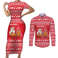 Belarus Christmas Couples Matching Short Sleeve Bodycon Dress and Long Sleeve Button Shirt with Santa Gingerbread Playing Chess National Emblem and Nordic Pattern Design - Wonder Print Shop