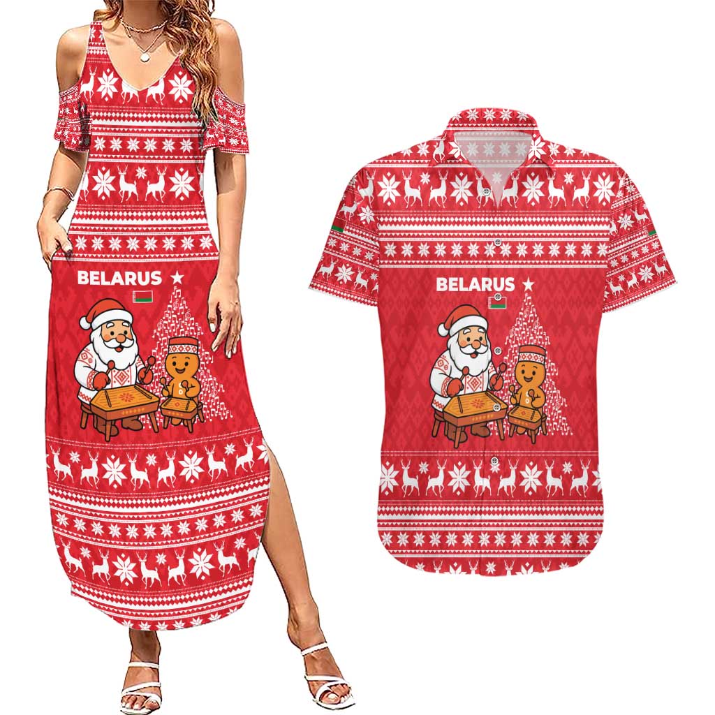 Belarus Christmas Couples Matching Summer Maxi Dress and Hawaiian Shirt with Santa Gingerbread Playing Chess National Emblem and Nordic Pattern Design - Wonder Print Shop