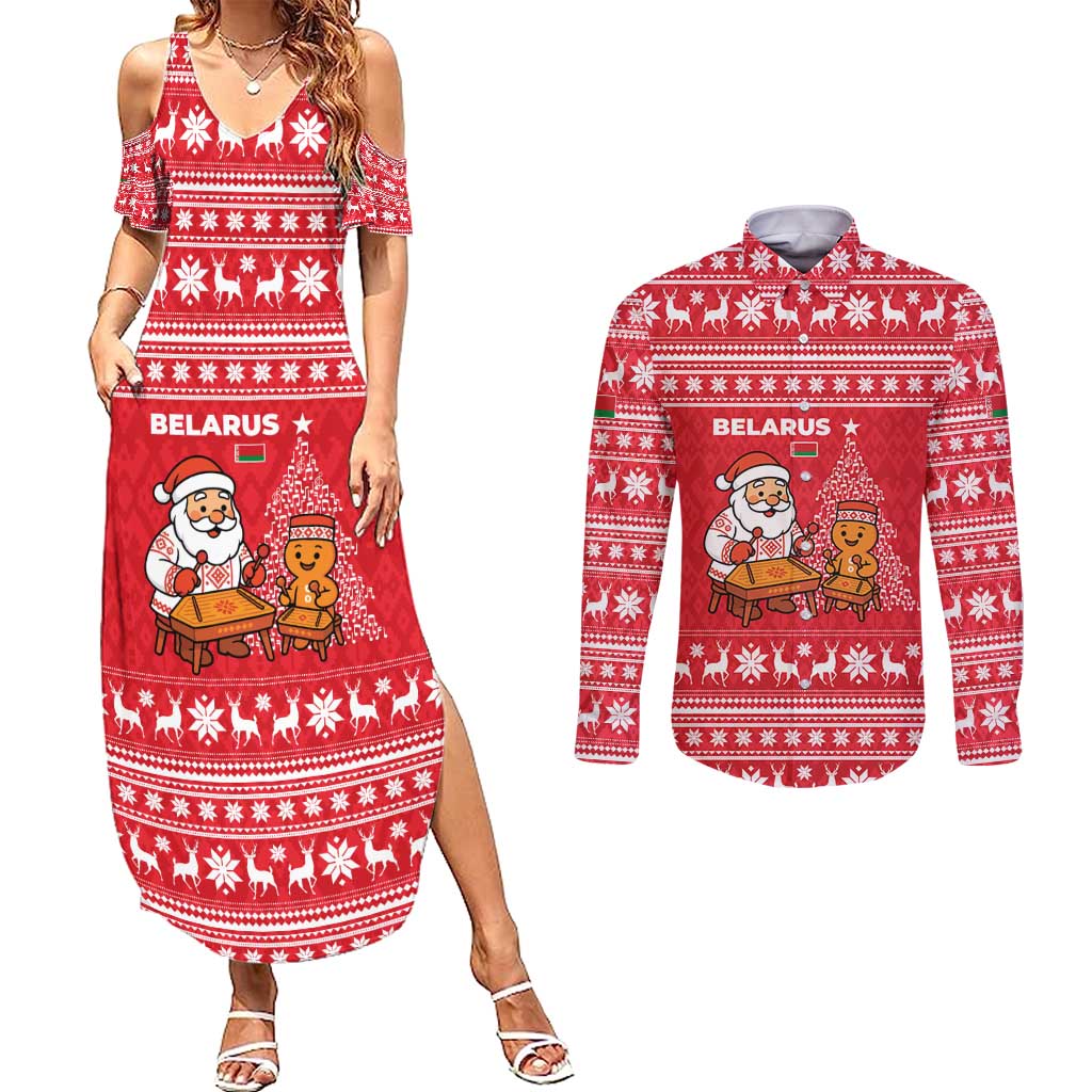 Belarus Christmas Couples Matching Summer Maxi Dress and Long Sleeve Button Shirt with Santa Gingerbread Playing Chess National Emblem and Nordic Pattern Design - Wonder Print Shop