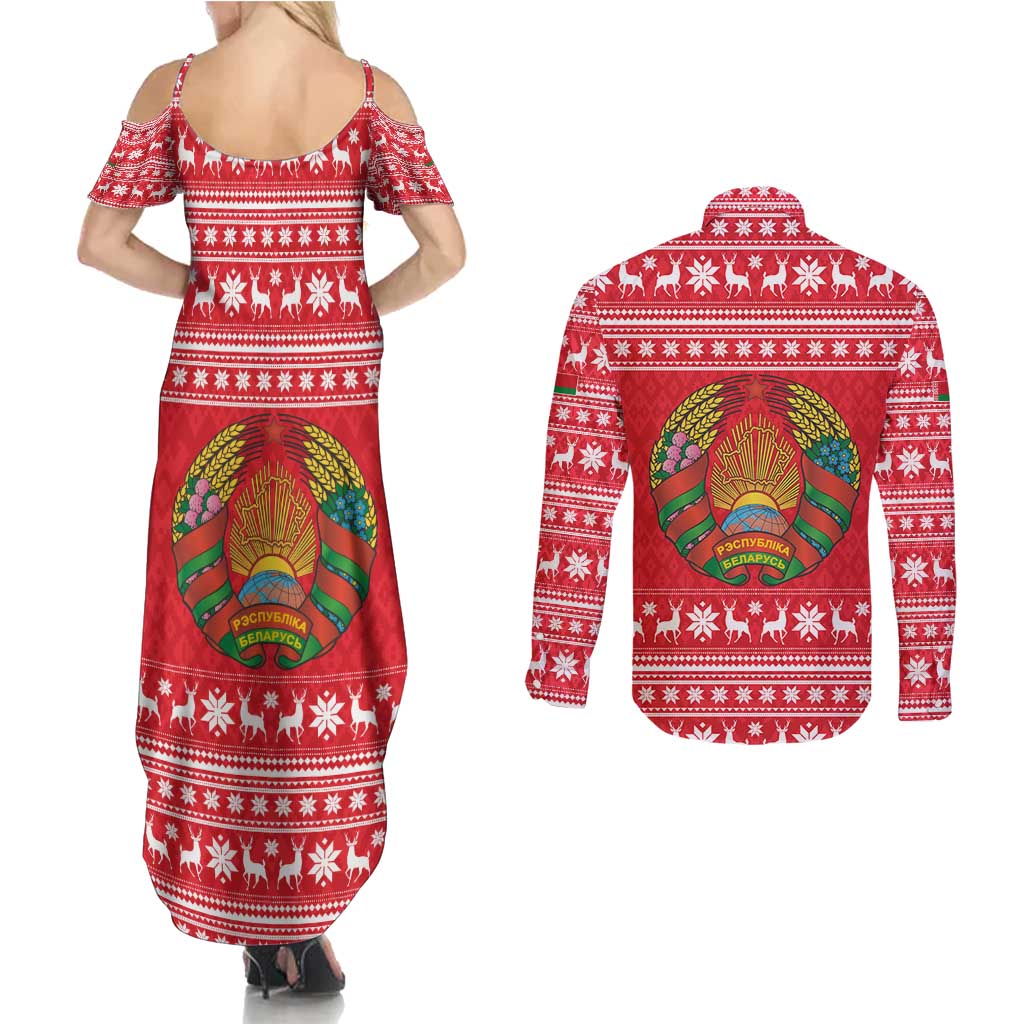 Belarus Christmas Couples Matching Summer Maxi Dress and Long Sleeve Button Shirt with Santa Gingerbread Playing Chess National Emblem and Nordic Pattern Design - Wonder Print Shop
