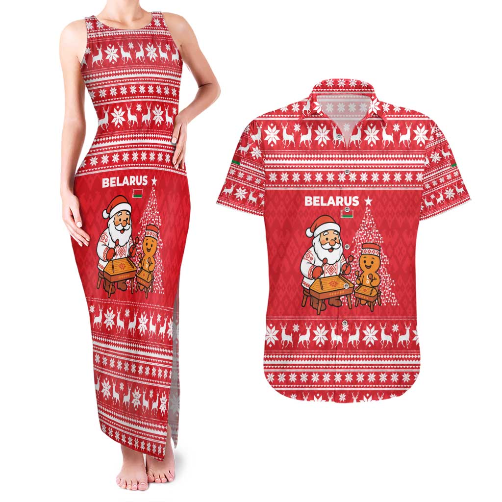 Belarus Christmas Couples Matching Tank Maxi Dress and Hawaiian Shirt with Santa Gingerbread Playing Chess National Emblem and Nordic Pattern Design - Wonder Print Shop