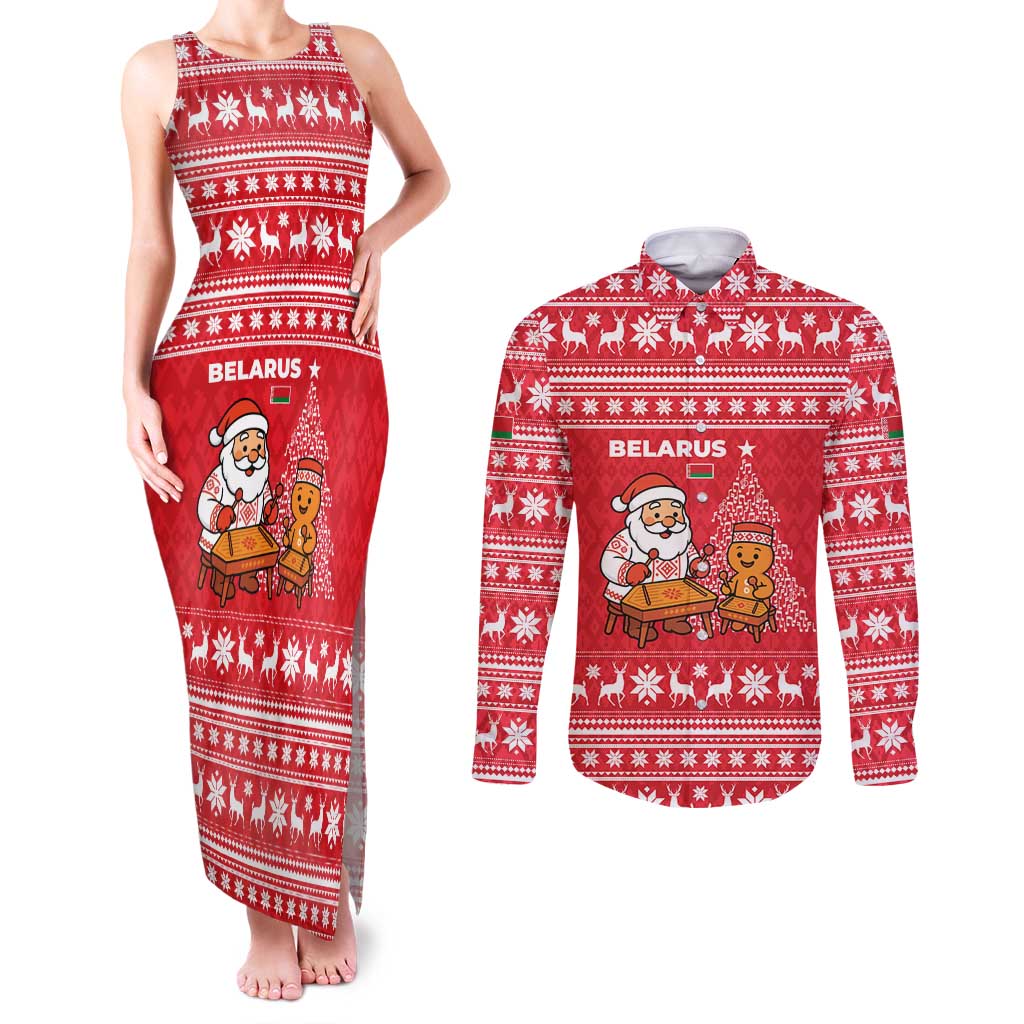 Belarus Christmas Couples Matching Tank Maxi Dress and Long Sleeve Button Shirt with Santa Gingerbread Playing Chess National Emblem and Nordic Pattern Design - Wonder Print Shop
