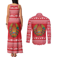 Belarus Christmas Couples Matching Tank Maxi Dress and Long Sleeve Button Shirt with Santa Gingerbread Playing Chess National Emblem and Nordic Pattern Design - Wonder Print Shop