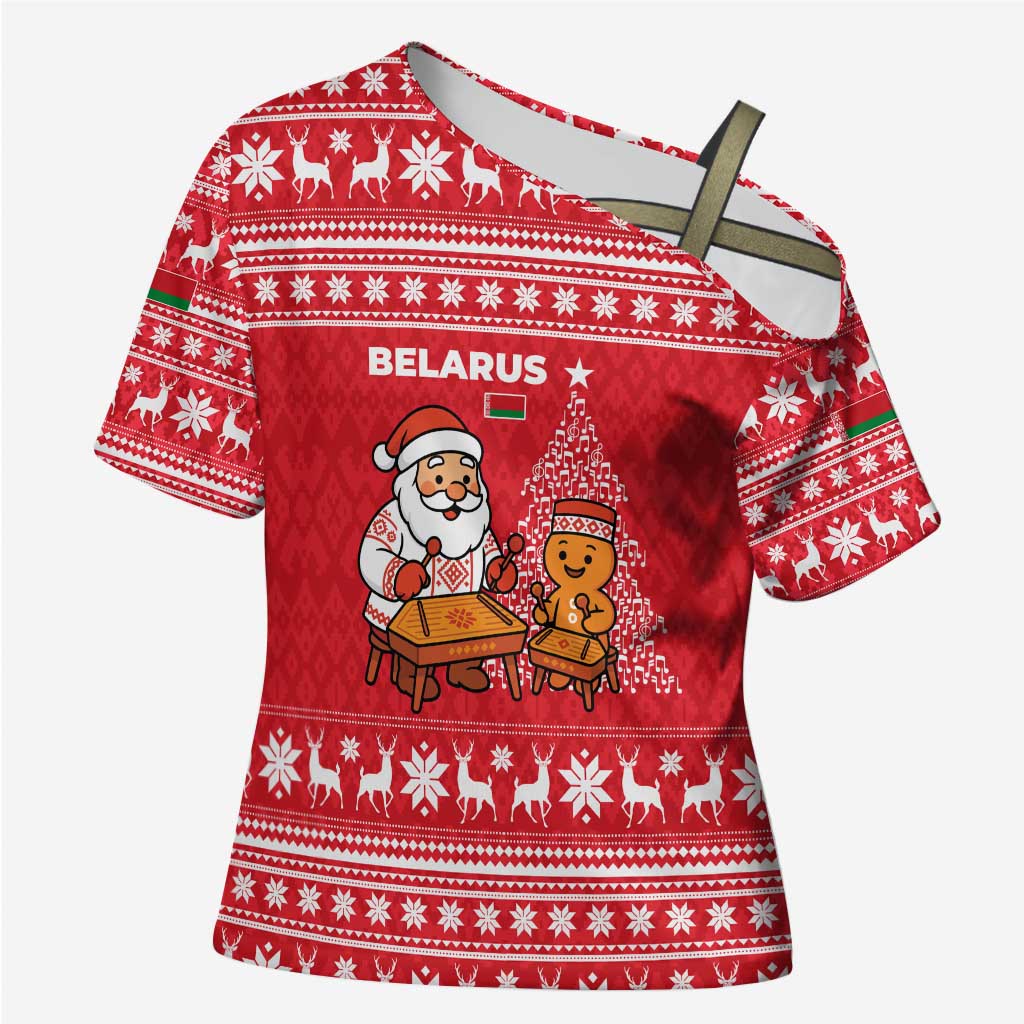 Belarus Christmas Cross Shoulder Shirt with Santa Gingerbread Playing Chess National Emblem and Nordic Pattern Design - Wonder Print Shop