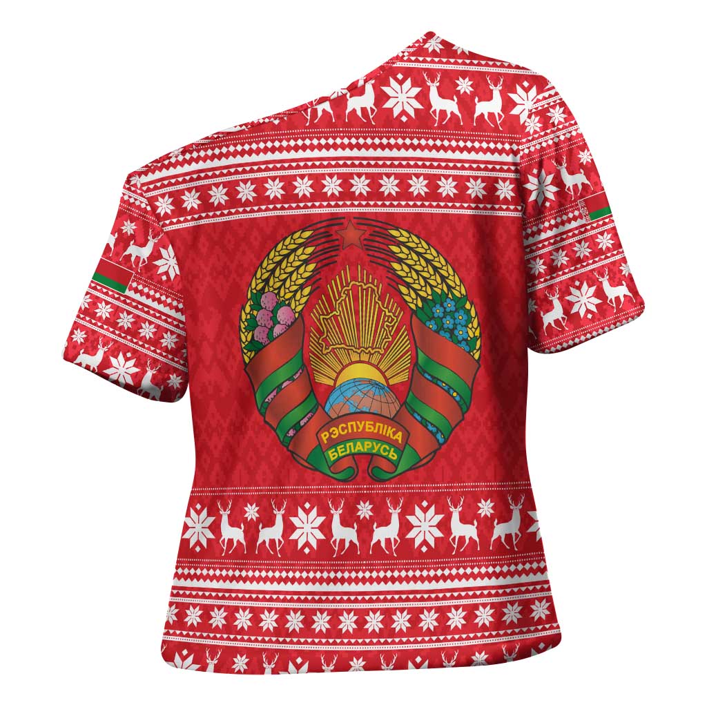 Belarus Christmas Cross Shoulder Shirt with Santa Gingerbread Playing Chess National Emblem and Nordic Pattern Design - Wonder Print Shop