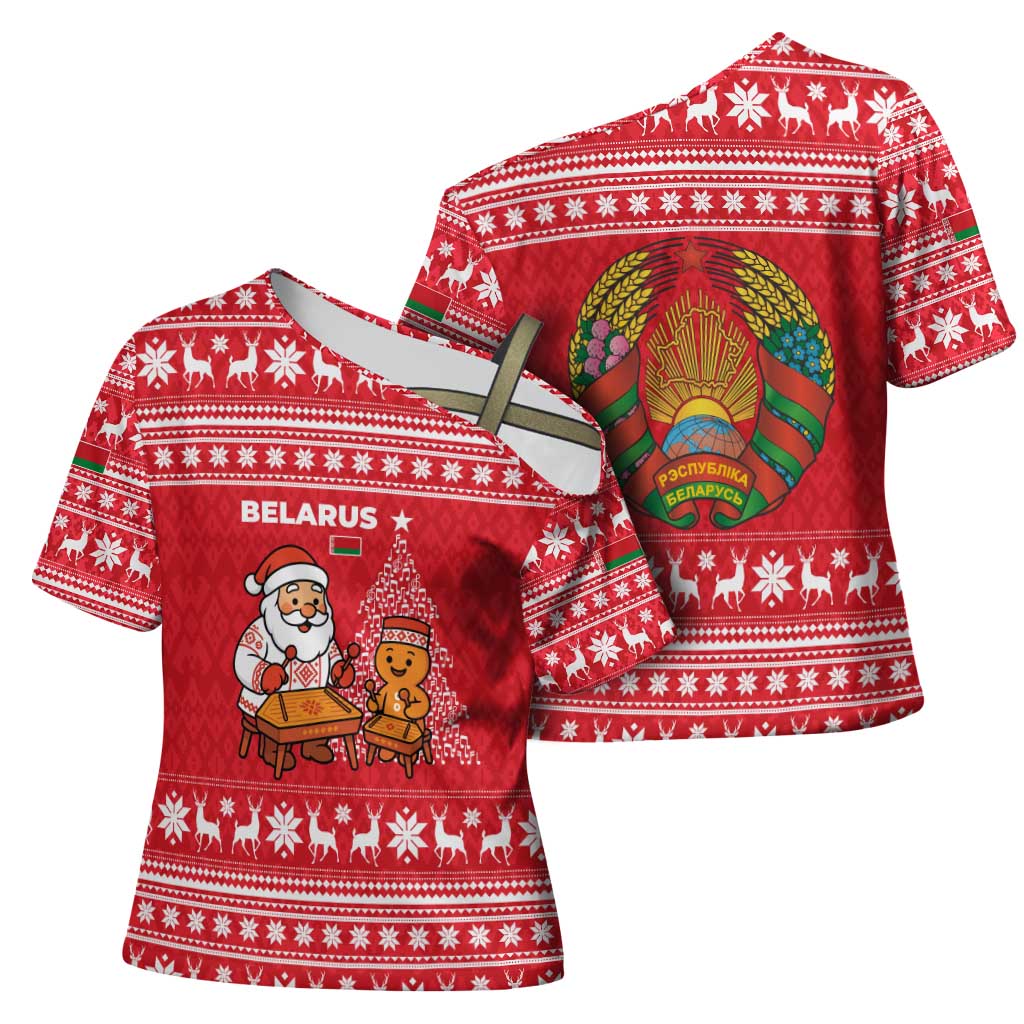Belarus Christmas Cross Shoulder Shirt with Santa Gingerbread Playing Chess National Emblem and Nordic Pattern Design - Wonder Print Shop