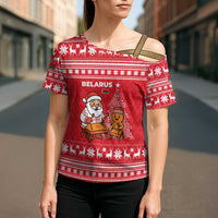 Belarus Christmas Cross Shoulder Shirt with Santa Gingerbread Playing Chess National Emblem and Nordic Pattern Design - Wonder Print Shop