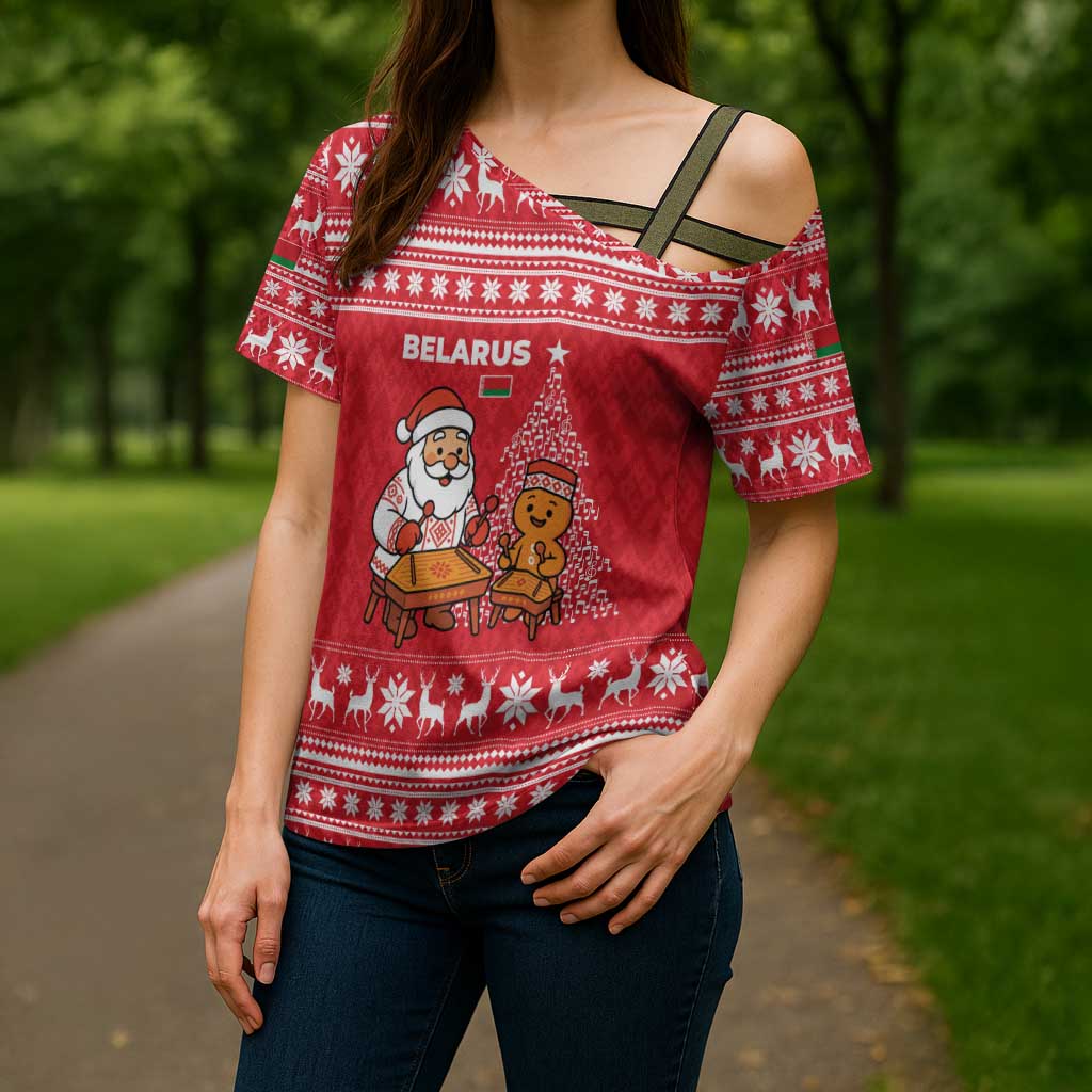Belarus Christmas Cross Shoulder Shirt with Santa Gingerbread Playing Chess National Emblem and Nordic Pattern Design - Wonder Print Shop